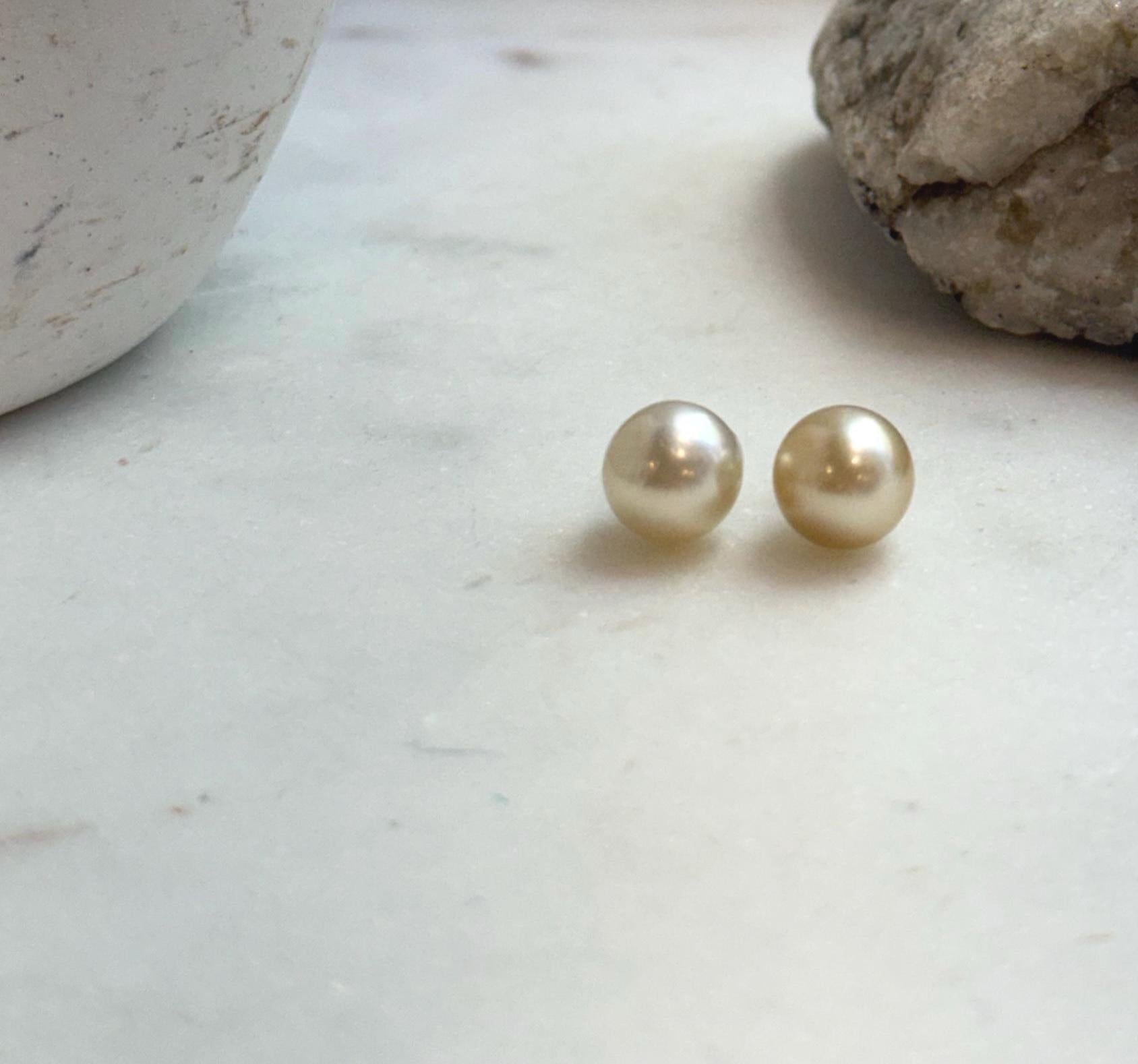 Elly’s 9.8mm Genius natural South sea Champagne Gold ocean Pearls Earrings studs: Extreme luster, S925 silver minimalist earrings studs.