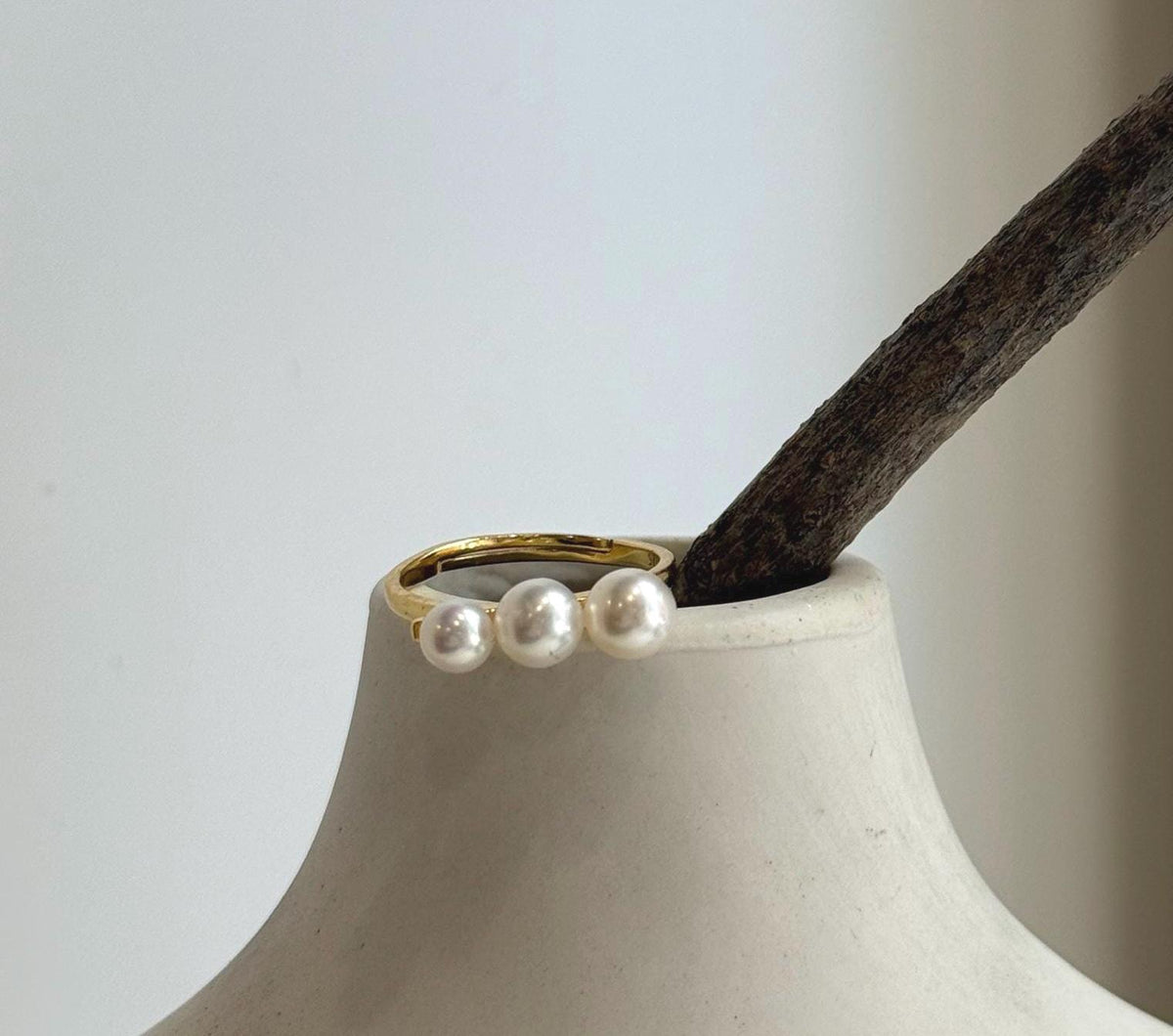 Elly’s 3pcs 4.6-5.8mm Freshwater white pearls Ring: Extreme luster mirrored, 1.6cm long, S925 Silver Adjustable Ring.