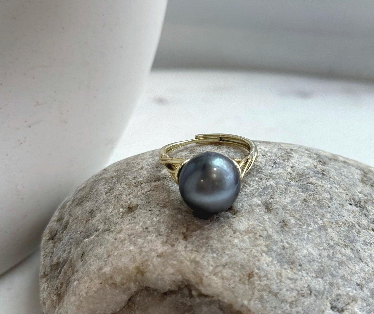 Elly’s 12mm Tahitian Ocean platinum ocean Pearl Ring: Extreme luster mirrored, S925 silver adjustable Ring. Pearl Jewelry Idea.