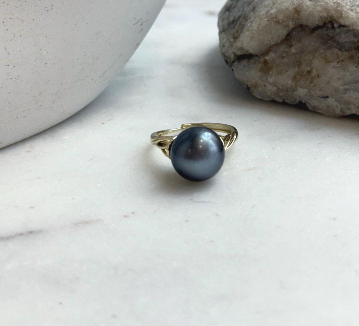 Elly’s 12mm Tahitian Ocean platinum ocean Pearl Ring: Extreme luster mirrored, S925 silver adjustable Ring. Pearl Jewelry Idea.