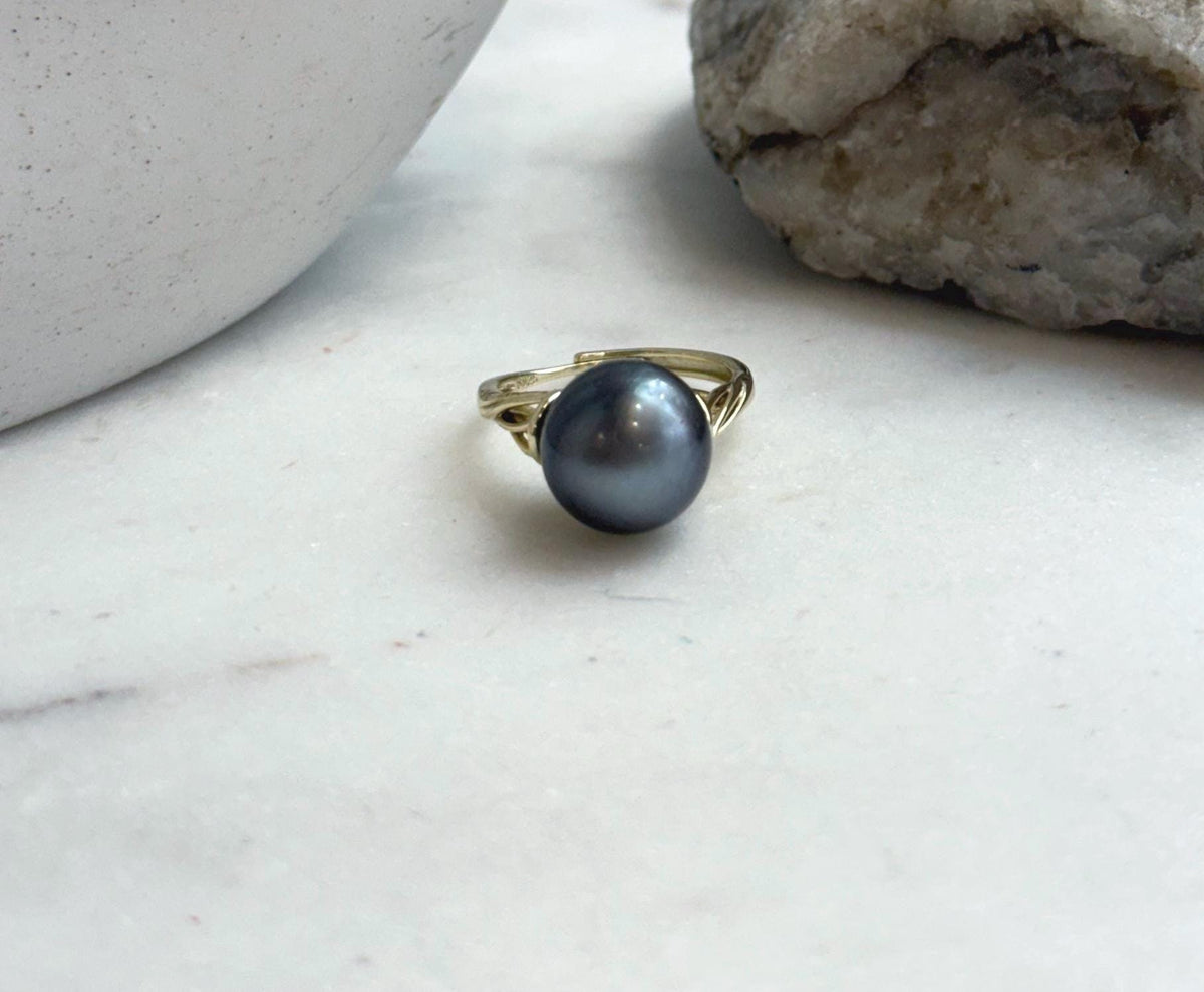 Elly’s 12mm Tahitian Ocean platinum ocean Pearl Ring: Extreme luster mirrored, S925 silver adjustable Ring. Pearl Jewelry Idea.