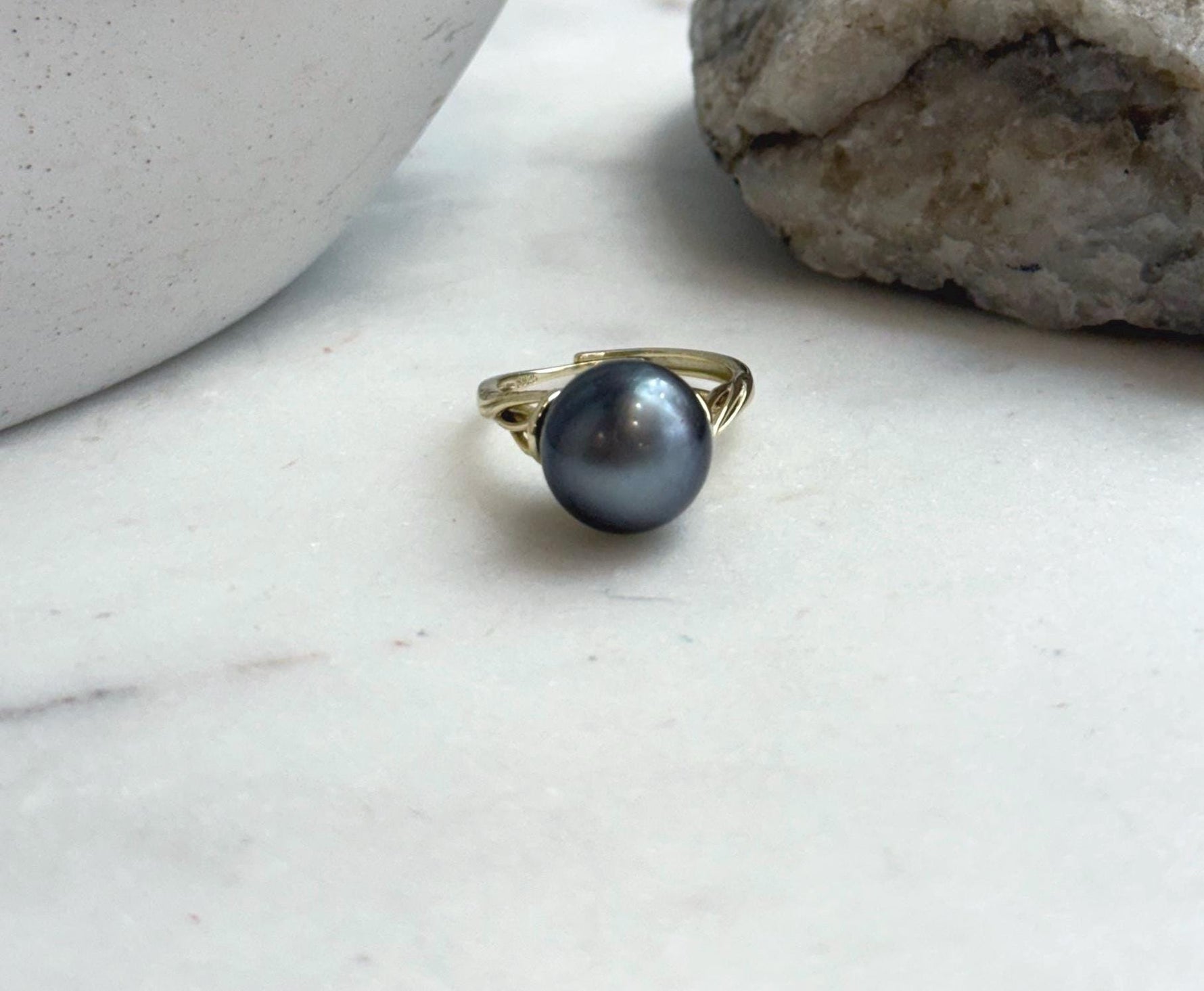 Elly’s 12mm Tahitian Ocean platinum ocean Pearl Ring: Extreme luster mirrored, S925 silver adjustable Ring. Pearl Jewelry Idea.