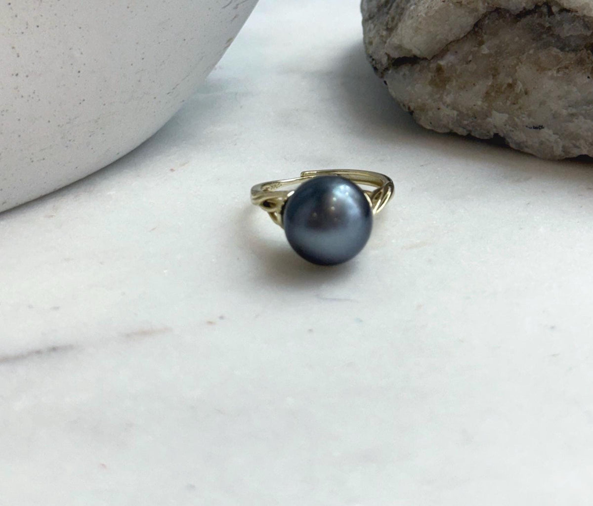 Elly’s 12mm Tahitian Ocean platinum ocean Pearl Ring: Extreme luster mirrored, S925 silver adjustable Ring. Pearl Jewelry Idea.