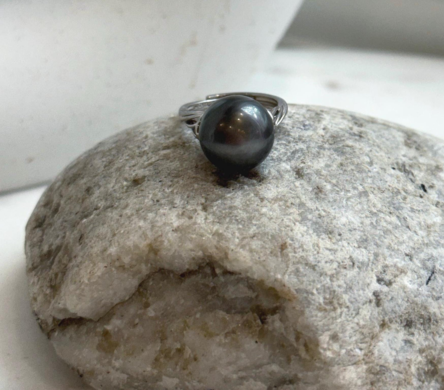 Elly’s 12.6mm Tahitian Ocean black platinum ocean Pearl Ring: Extreme luster mirrored, S925 silver adjustable Ring. Pearl Jewelry Idea.