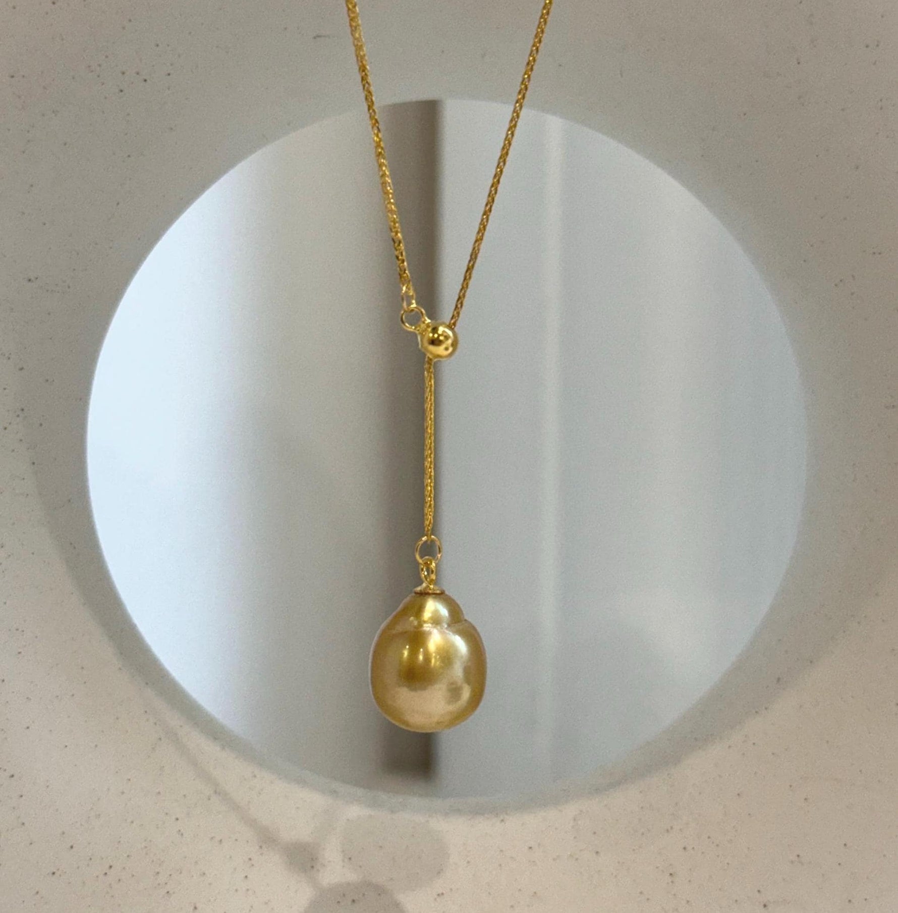 Elly’s 11.9x13.6mm South Sea deep tea golden ocean pearl cool Pendant Y-Lariat Necklace Set: Extreme luster mirrored. To 19.1“
