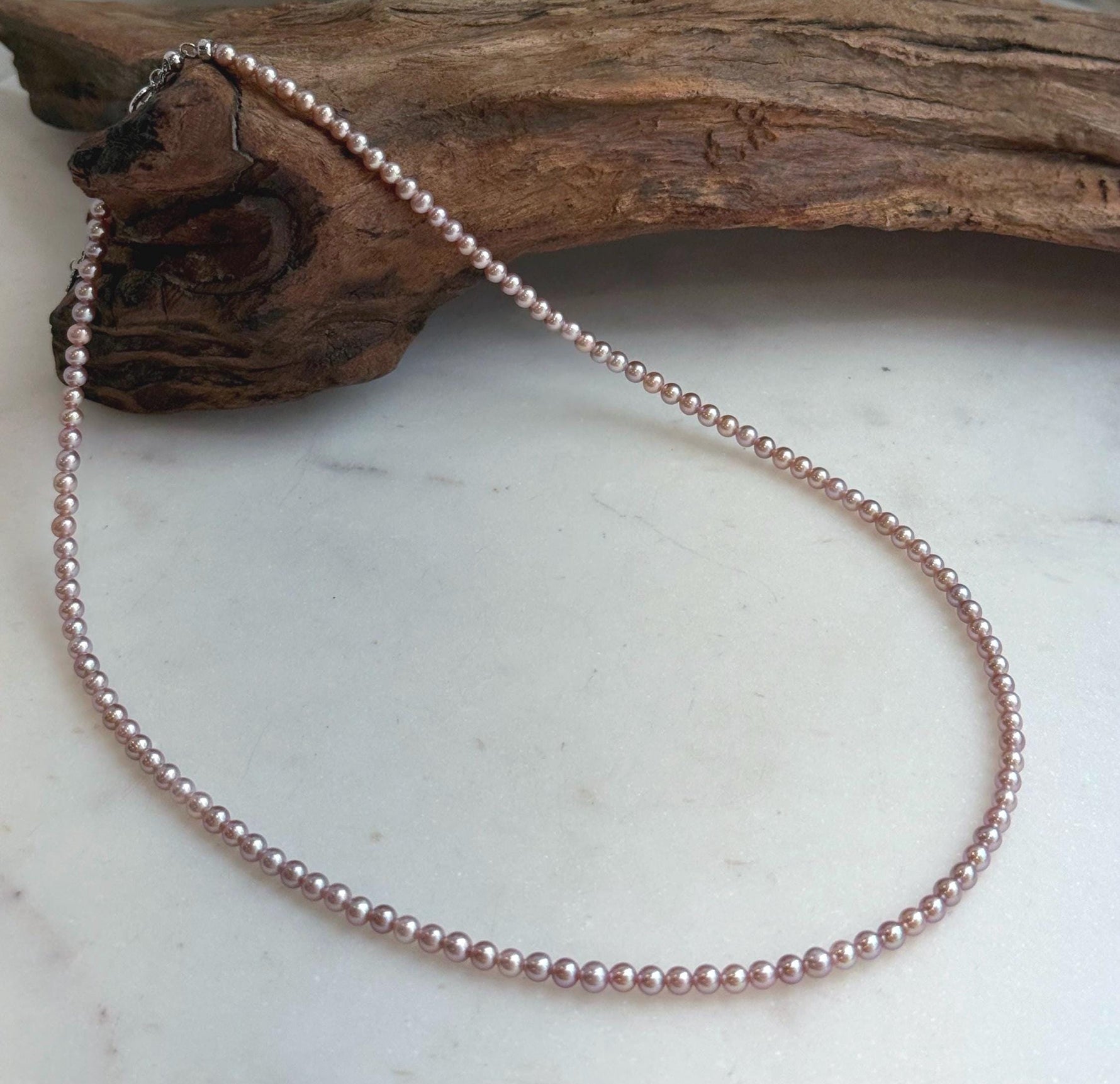 Elly’s Top quality 3.3-3.7mm Freshwater Metallic rose Pearls Necklace: Extreme luster mirrored, To 18.5”, S925 silver necklace strand.