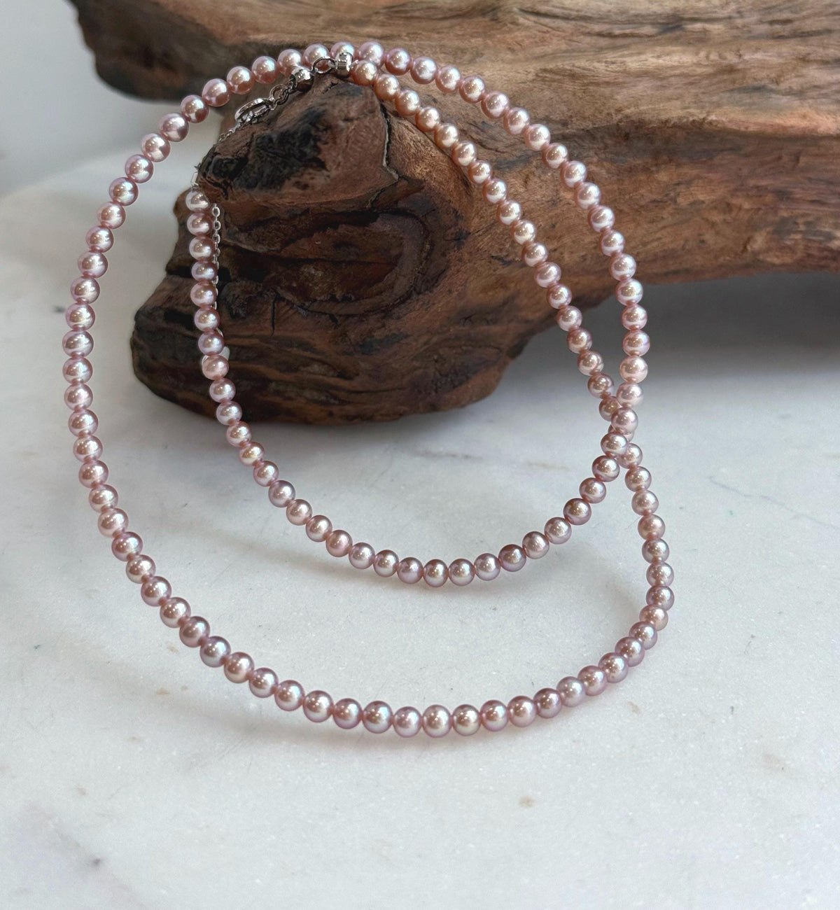 Elly’s Top quality 3.3-3.7mm Freshwater Metallic rose Pearls Necklace: Extreme luster mirrored, To 18.5”, S925 silver necklace strand.