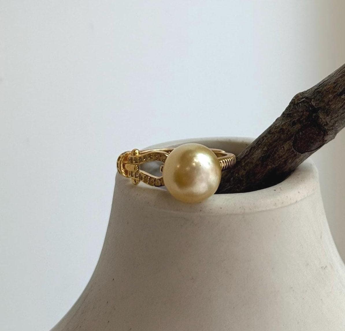 Elly’s 9.4mm South sea deep gold ocean pearl Ring: Extreme luster, S925 silver with gold plated adjustable Vintage Ring.
