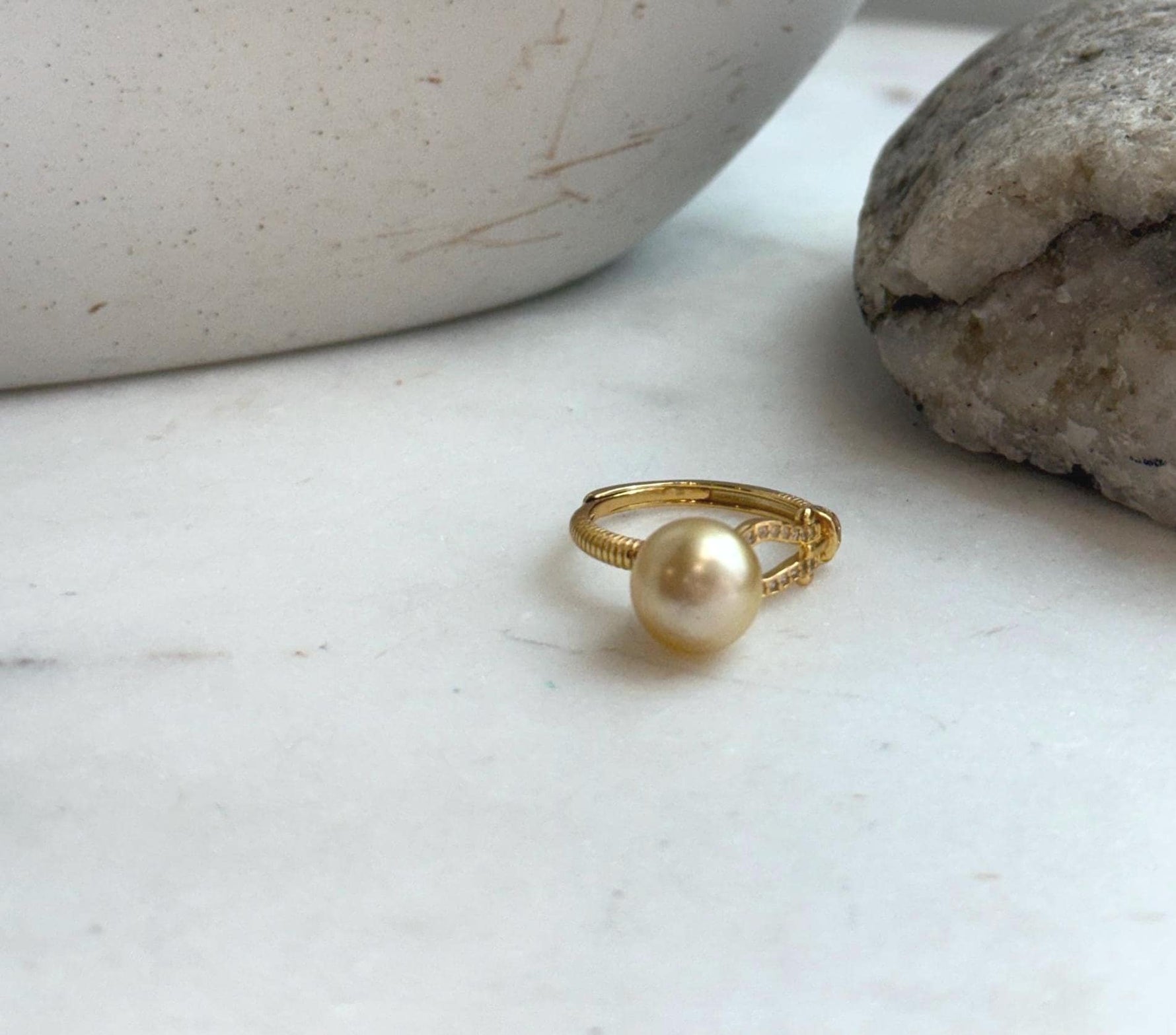 Elly’s 9.4mm South sea deep gold ocean pearl Ring: Extreme luster, S925 silver with gold plated adjustable Vintage Ring.