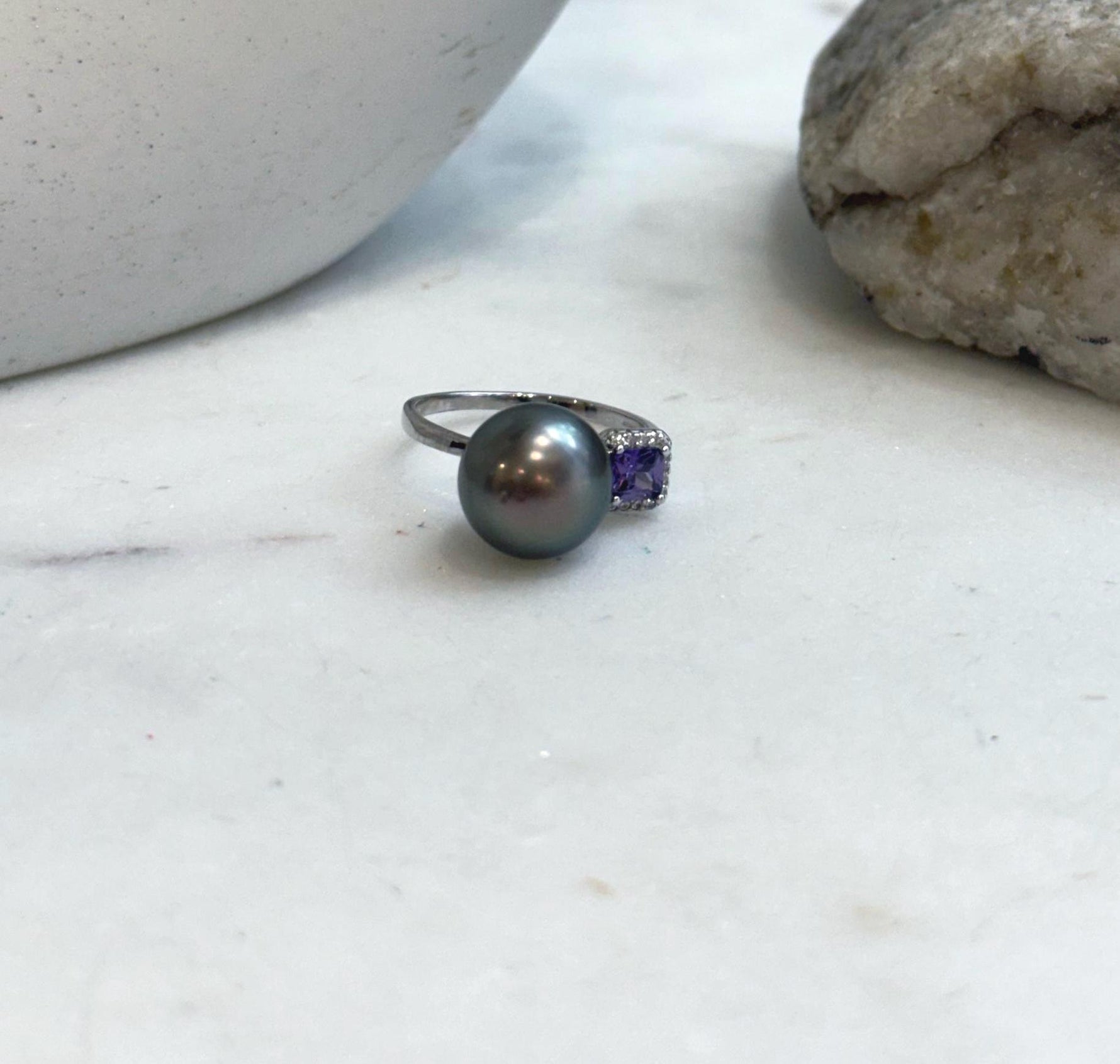 Elly’s 11.3mm Tahitian platinum hunter ocean Pearl Ring: Extreme luster mirrored, S925 silver adjustable Ring. Pearl Jewelry Idea.