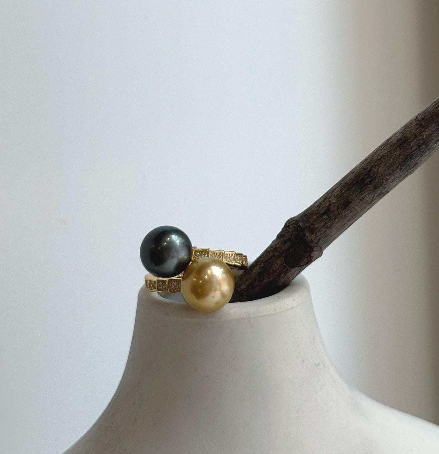 Elly’s Double South sea golden Tahitian ocean pearls Snake Ring : Extreme luster, 9.9-10.3mm, S925 silver adjustable minimalist Ring.