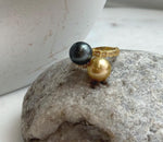 Elly’s Double South sea golden Tahitian ocean pearls Snake Ring : Extreme luster, 9.9-10.3mm, S925 silver adjustable minimalist Ring.