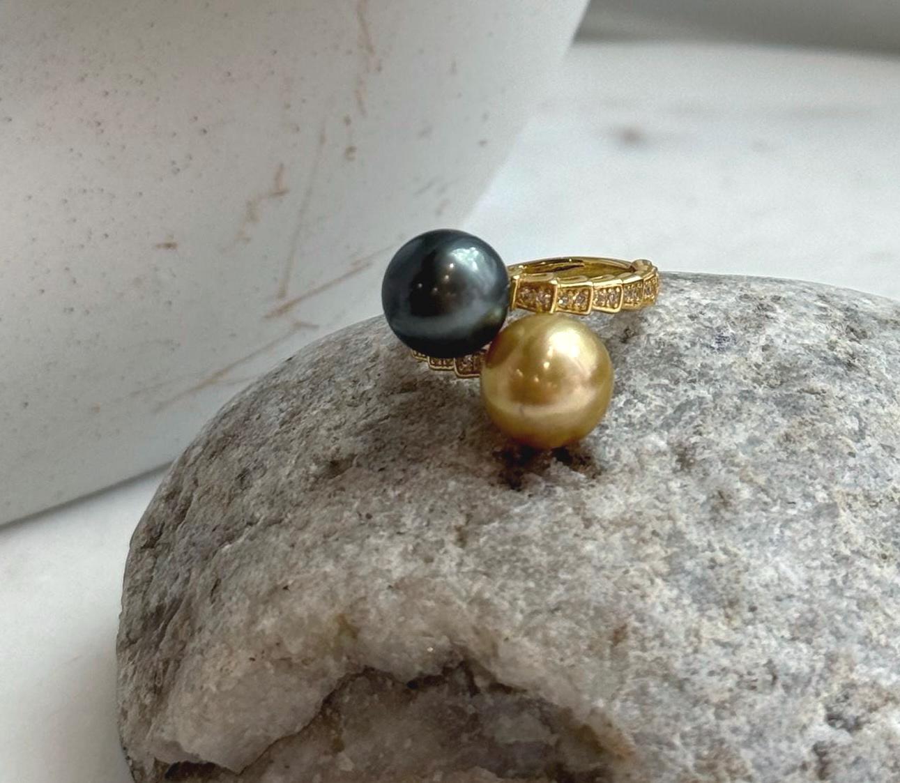Elly’s Double South sea golden Tahitian ocean pearls Snake Ring : Extreme luster, 9.9-10.3mm, S925 silver adjustable minimalist Ring.