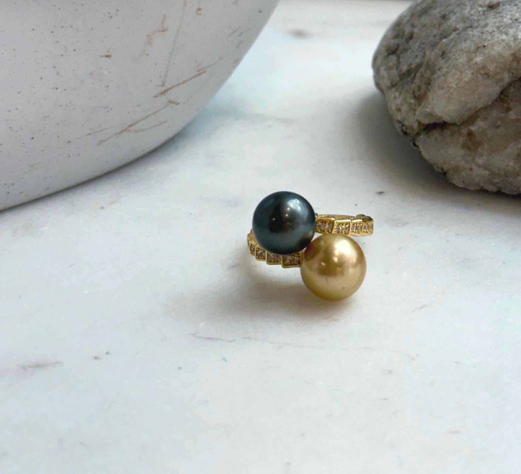 Elly’s Double South sea golden Tahitian ocean pearls Snake Ring : Extreme luster, 9.9-10.3mm, S925 silver adjustable minimalist Ring.