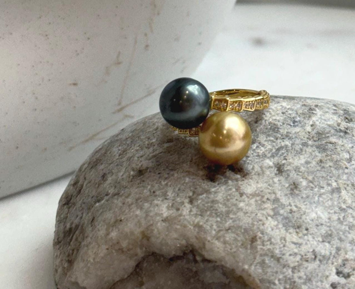 Elly’s Double South sea golden Tahitian ocean pearls Snake Ring : Extreme luster, 9.9-10.3mm, S925 silver adjustable minimalist Ring.