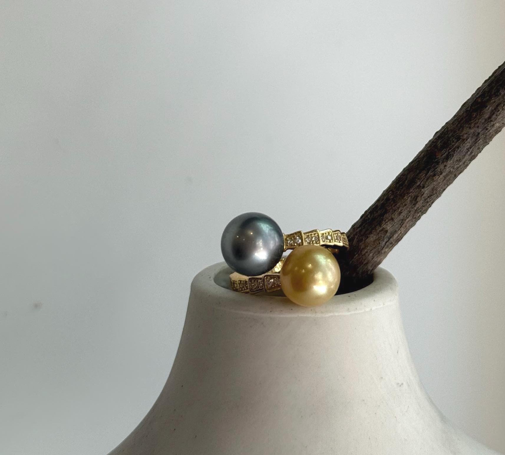 Elly’s Double South sea golden Tahitian ocean pearls Snake Ring: Extreme luster mirrored, 9.6-9.9mm, S925 silver adjustable cool Ring.