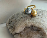 Elly’s Double South sea golden Tahitian ocean pearls Snake Ring: Extreme luster mirrored, 9.6-9.9mm, S925 silver adjustable cool Ring.