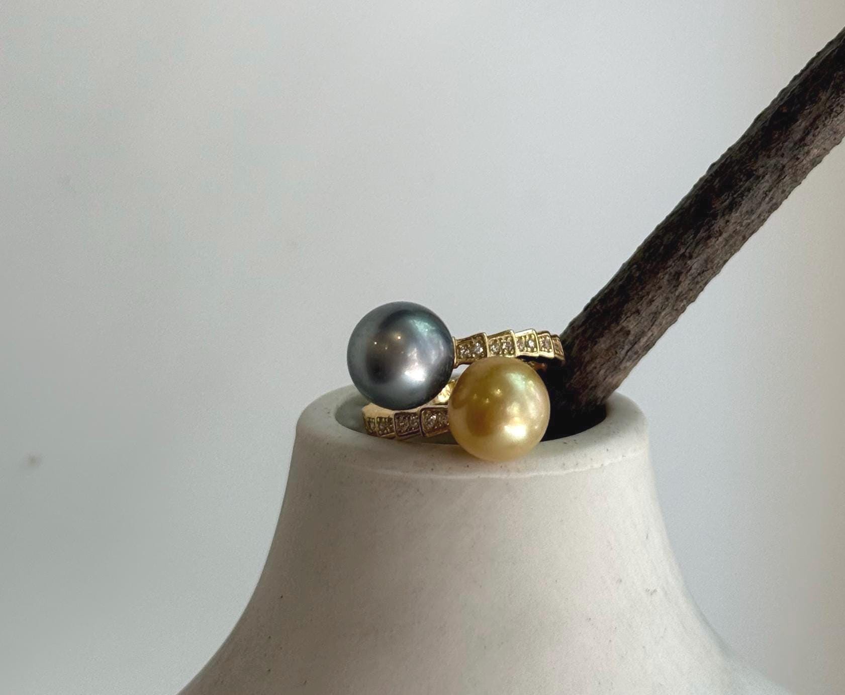Elly’s Double South sea golden Tahitian ocean pearls Snake Ring: Extreme luster mirrored, 9.6-9.9mm, S925 silver adjustable cool Ring.
