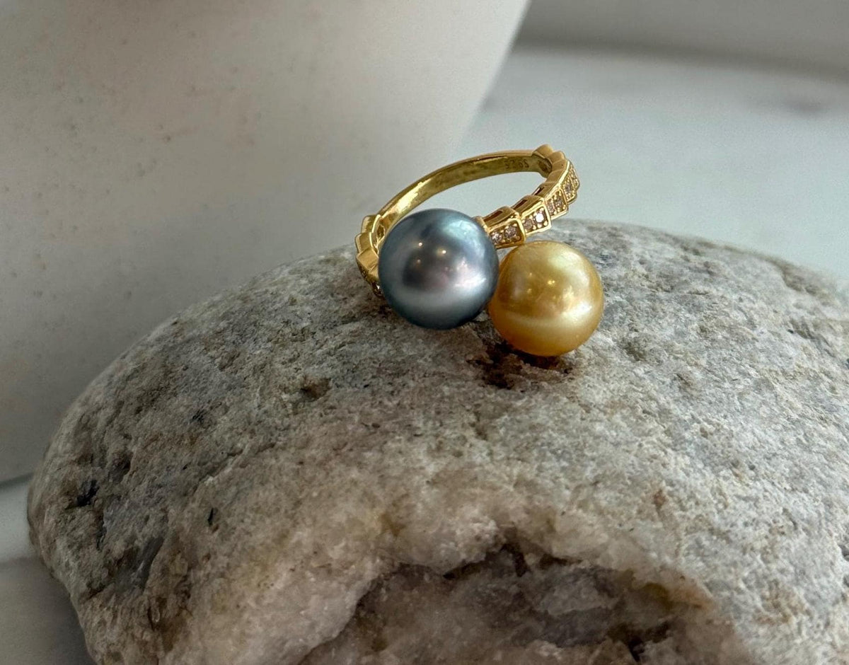 Elly’s Double South sea golden Tahitian ocean pearls Snake Ring: Extreme luster mirrored, 9.6-9.9mm, S925 silver adjustable cool Ring.