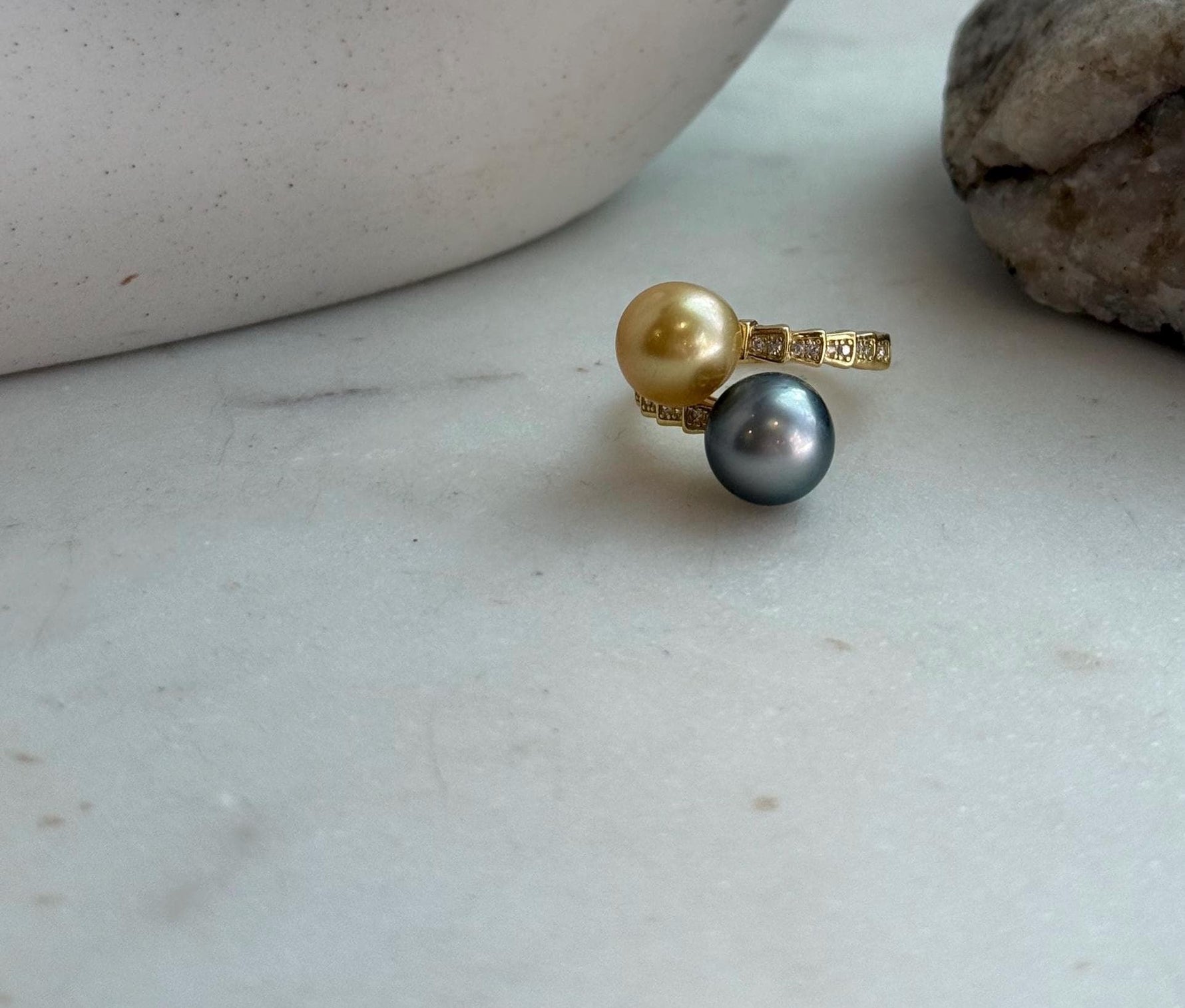 Elly’s Double South sea golden Tahitian ocean pearls Snake Ring: Extreme luster mirrored, 9.6-9.9mm, S925 silver adjustable cool Ring.