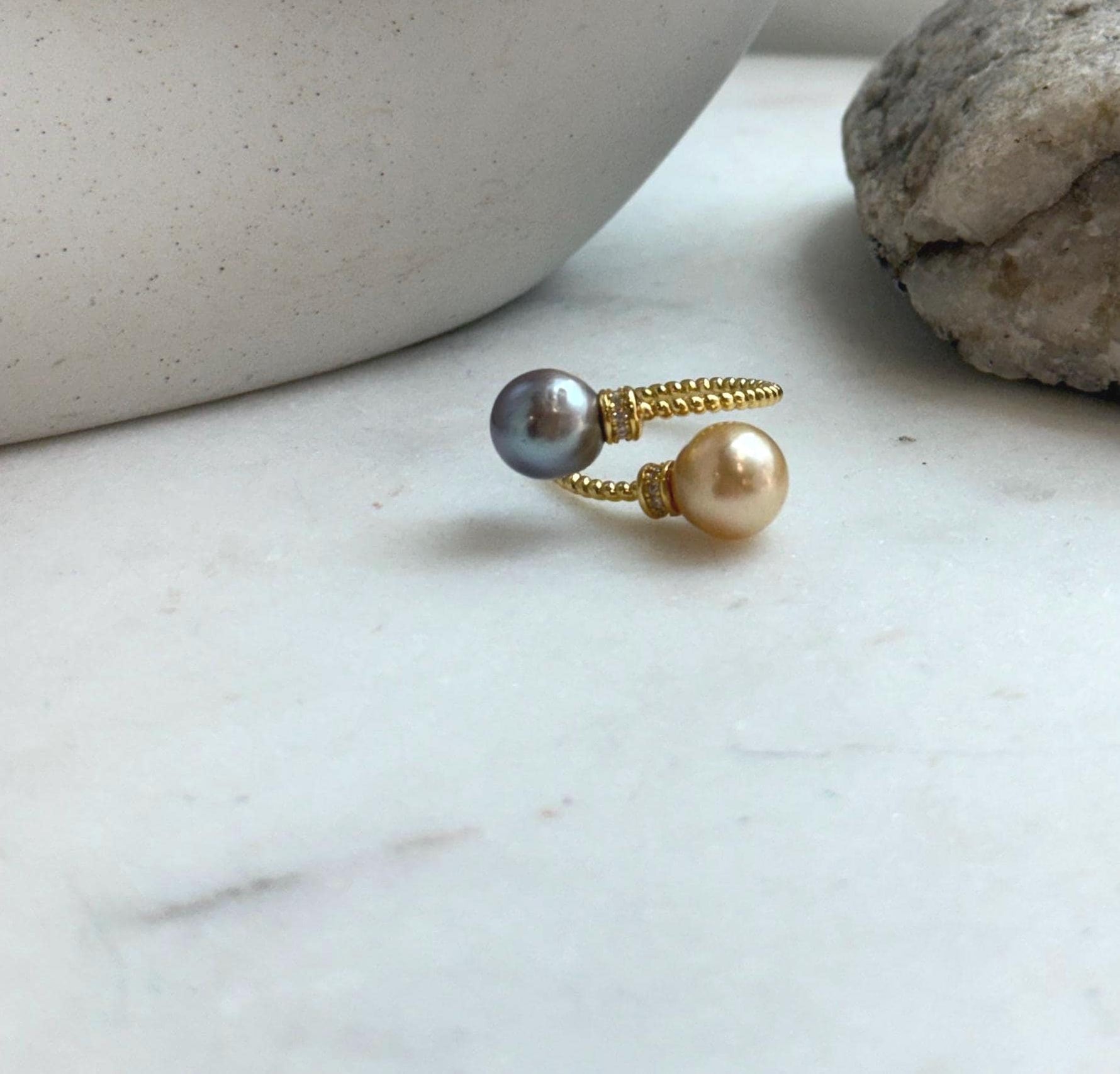 Elly’s Double South sea golden Tahitian ocean pearls Ring : Extreme luster, 8.7-9.2mm, S925 silver adjustable minimalist Ring.
