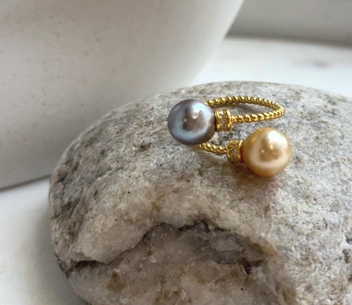 Elly’s Double South sea golden Tahitian ocean pearls Ring : Extreme luster, 8.7-9.2mm, S925 silver adjustable minimalist Ring.