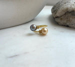 Elly’s Double South sea golden Tahitian ocean pearls Ring : Extreme luster, 8.7-9.2mm, S925 silver adjustable minimalist Ring.