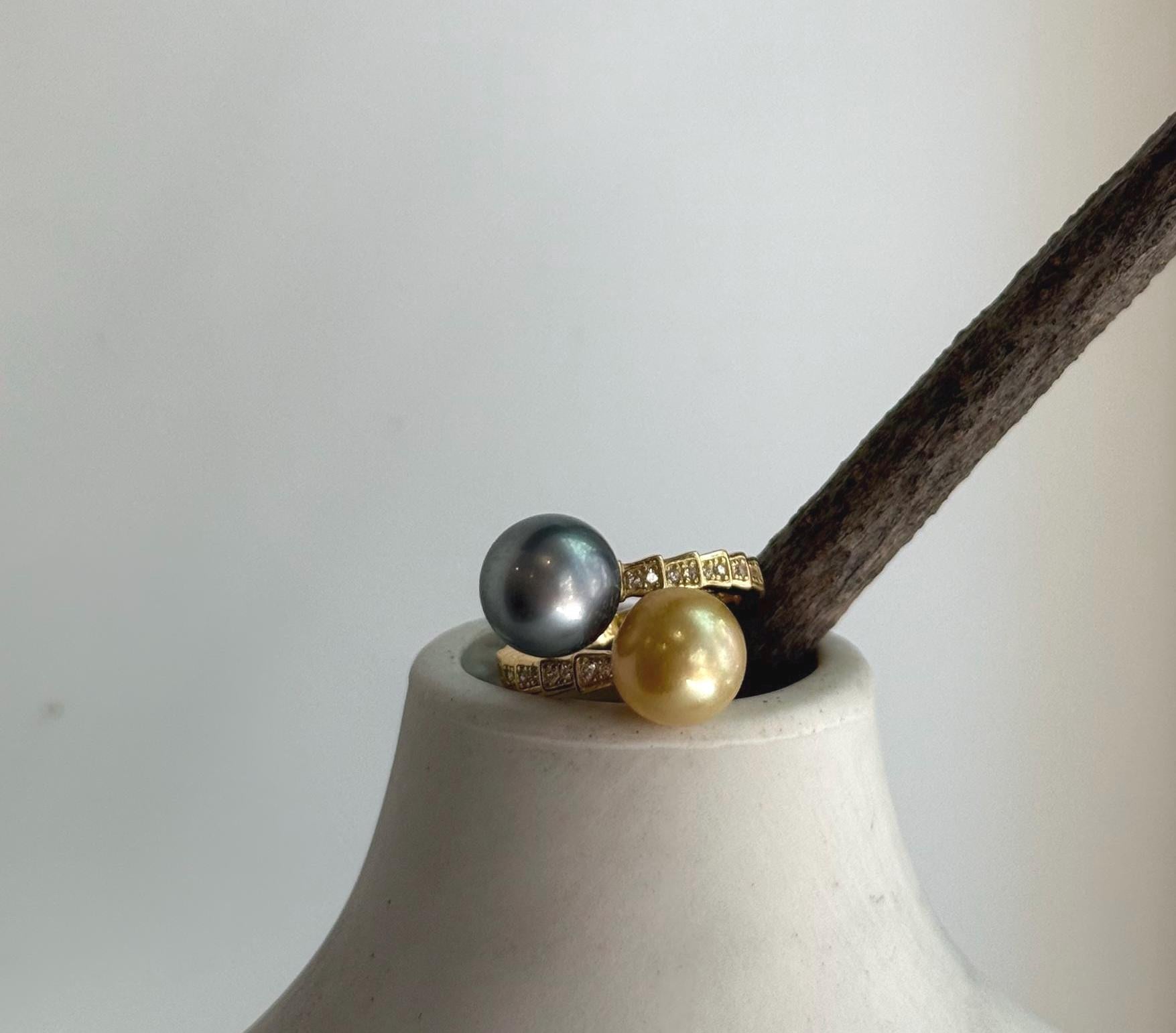 Elly’s Double South sea golden Tahitian ocean pearls Snake Ring: Extreme luster mirrored, 9.6-9.9mm, S925 silver adjustable cool Ring.