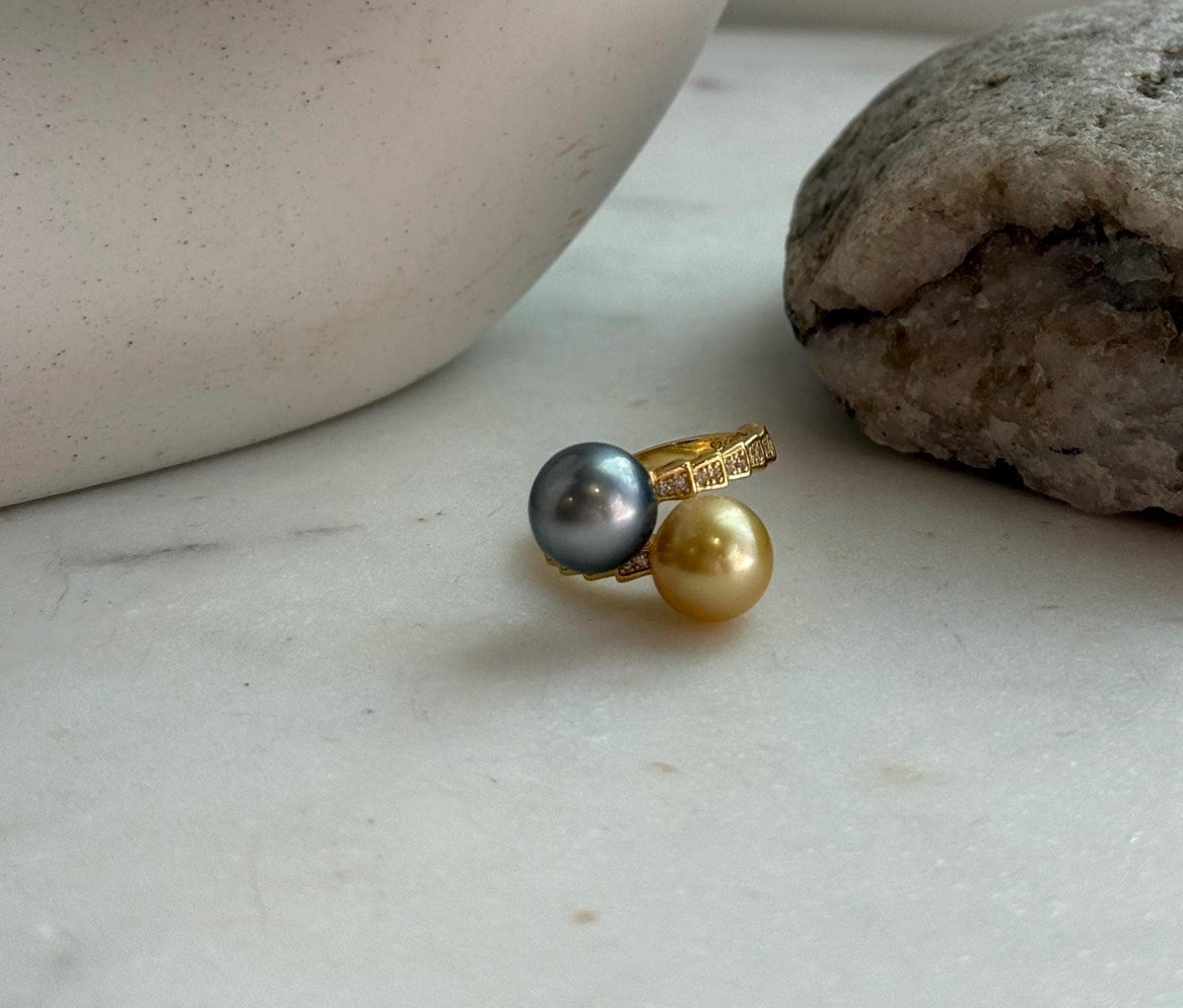 Elly’s Double South sea golden Tahitian ocean pearls Snake Ring: Extreme luster mirrored, 9.6-9.9mm, S925 silver adjustable cool Ring.