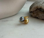 Elly’s Double South sea golden Tahitian ocean pearls Snake Ring: Extreme luster mirrored, 9.6-9.9mm, S925 silver adjustable cool Ring.