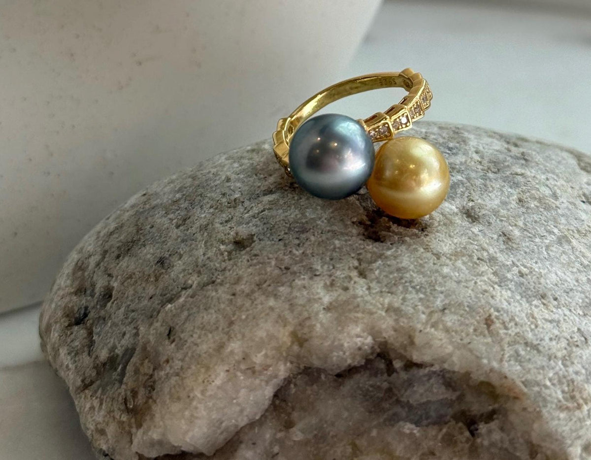Elly’s Double South sea golden Tahitian ocean pearls Snake Ring: Extreme luster mirrored, 9.6-9.9mm, S925 silver adjustable cool Ring.