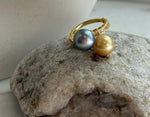 Elly’s Double South sea golden Tahitian ocean pearls Snake Ring: Extreme luster mirrored, 9.6-9.9mm, S925 silver adjustable cool Ring.