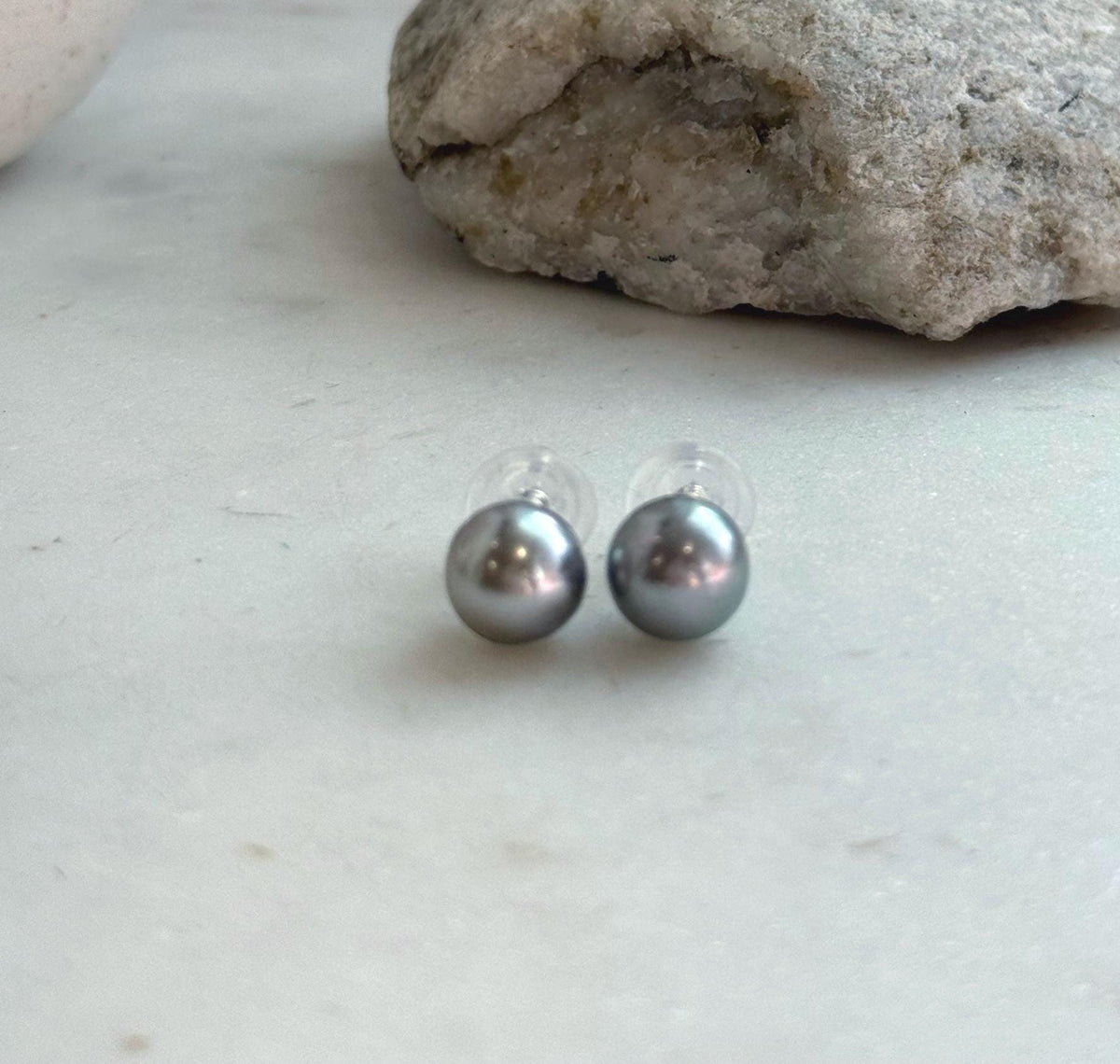 Elly’s 10mm Tahitian Silver Platinum ocean Pearls Earrings studs: Extreme luster Mirrored, S925 silver minimalist earrings.