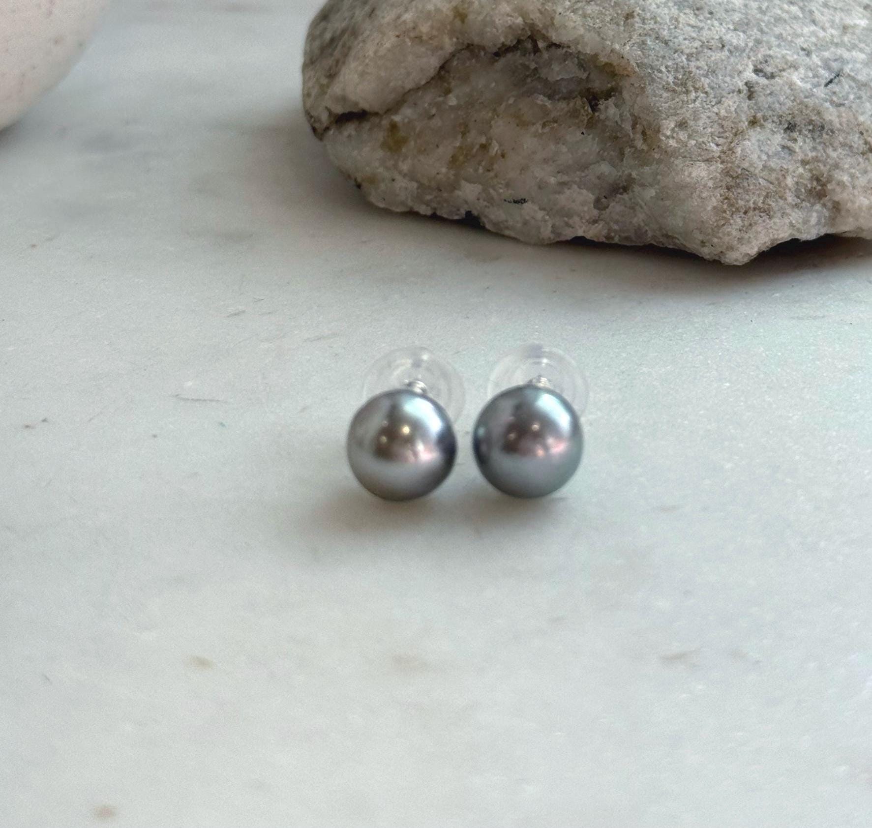 Elly’s 10mm Tahitian Silver Platinum ocean Pearls Earrings studs: Extreme luster Mirrored, S925 silver minimalist earrings.