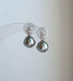 Elly’s 8.6mm Tahitian Silver Platinum ocean Pearls Earrings: Extreme luster Mirrored, 1.6cm high, S925 silver cool fancy earrings.