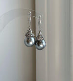 Elly’s 11.8mm Tahitian Silver Platinum ocean Pearls Earrings hooks: Extreme luster Mirrored, 3.6cm high, S925 silver cool fancy earrings.