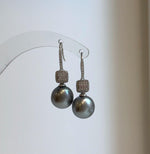 Elly’s 11.1mm Tahitian Platinum ocean Pearls Earrings hooks: Extreme luster Mirrored, 3.1cm high, S925 silver cool fancy earrings.