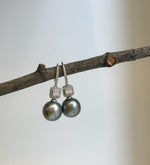 Elly’s 11.1mm Tahitian Platinum ocean Pearls Earrings hooks: Extreme luster Mirrored, 3.1cm high, S925 silver cool fancy earrings.