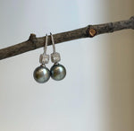 Elly’s 11.1mm Tahitian Platinum ocean Pearls Earrings hooks: Extreme luster Mirrored, 3.1cm high, S925 silver cool fancy earrings.