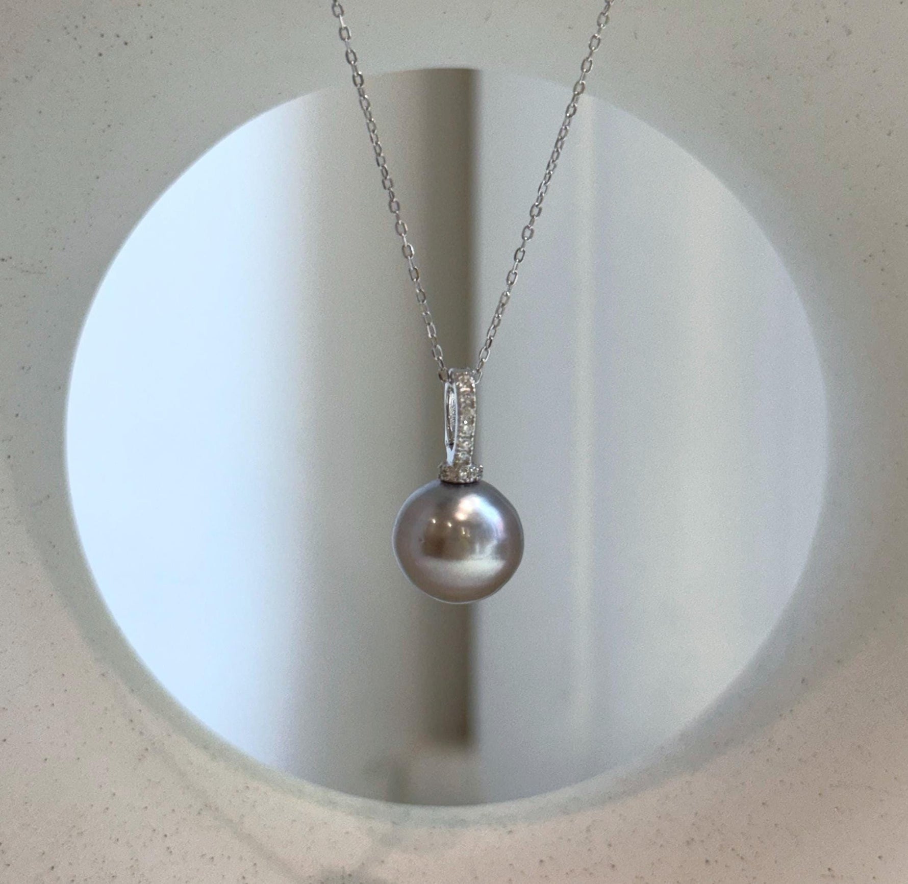 Elly’s 12mm Tahitian platinum ocean Pearl pendant: Extreme luster mirrored, S925 silver minimalist pendant, 2.1cm high.