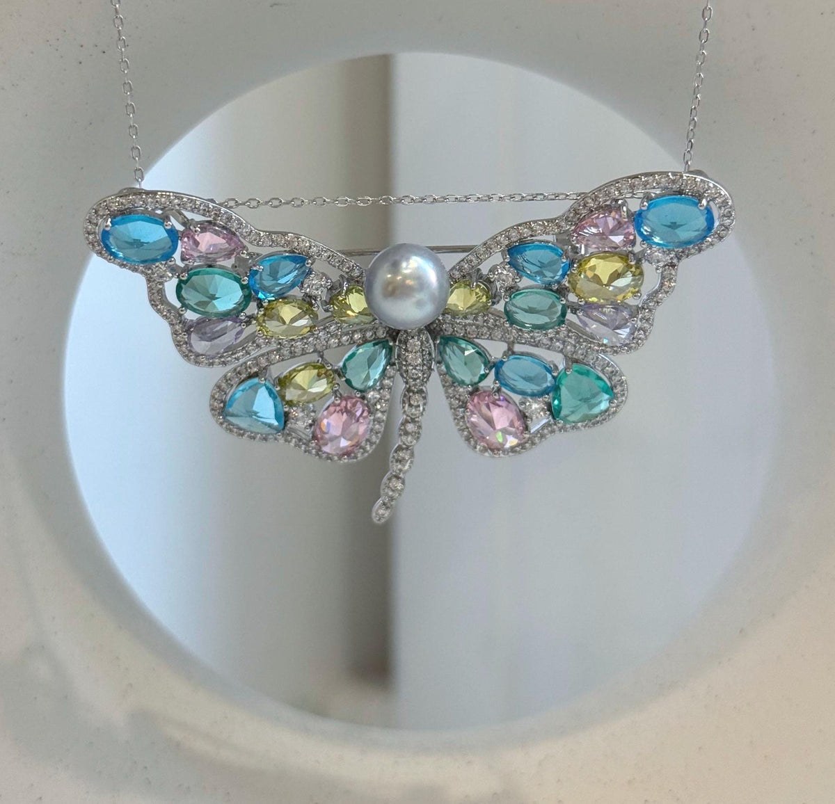 Natural blue silver Akoya pearl butterfly brooch
