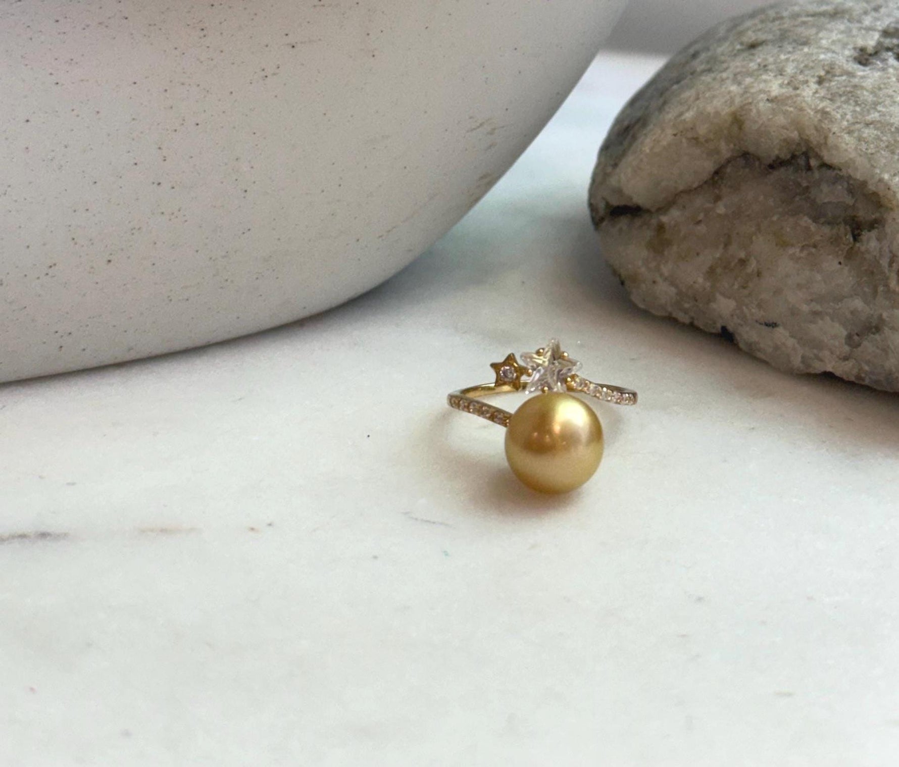 Elly’s 9.8mm South sea deep gold ocean pearl Stars Ring: Extreme luster mirrored, S925 silver with gold plated adjustable Vintage Ring.