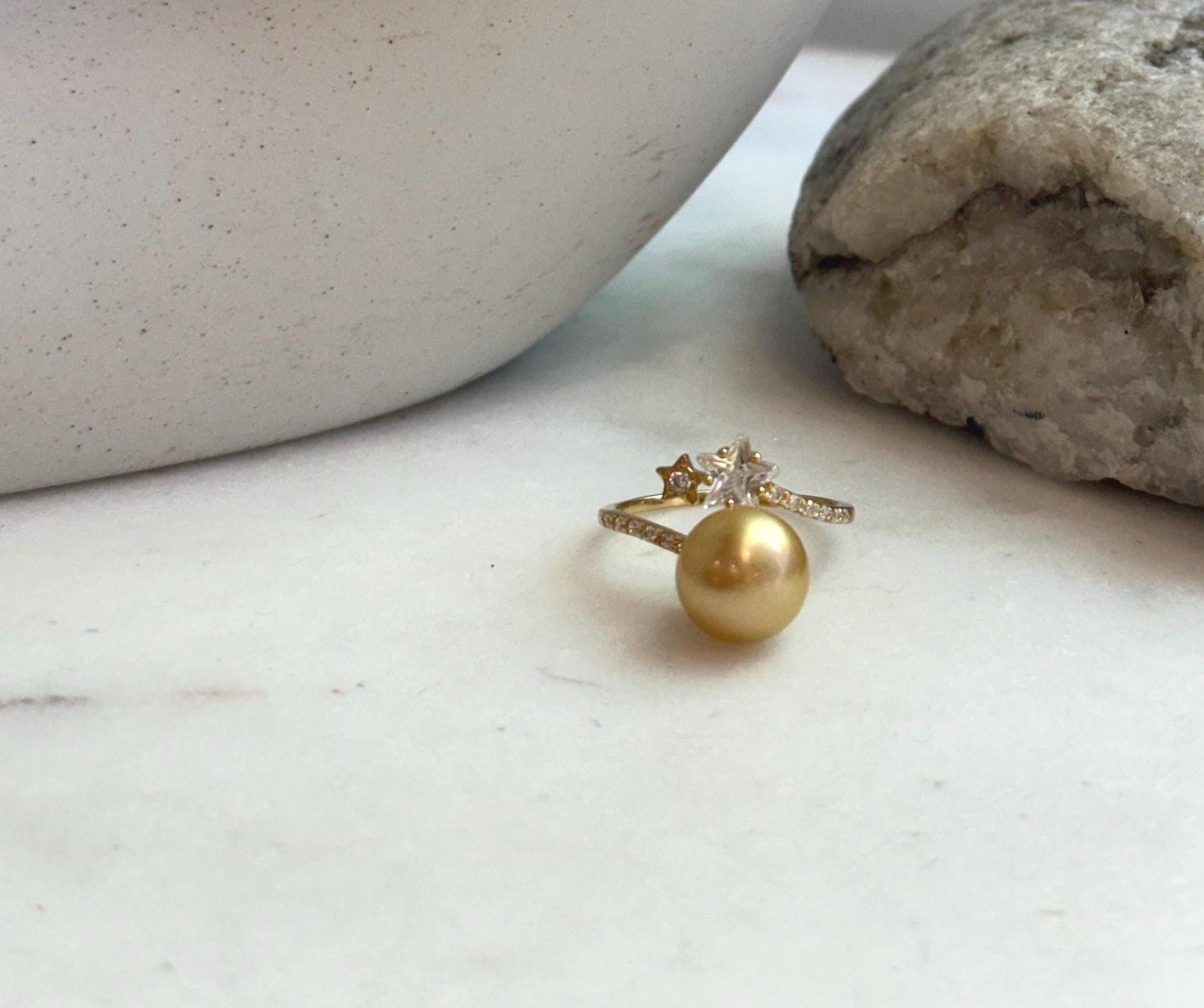 Elly’s 9.8mm South sea deep gold ocean pearl Stars Ring: Extreme luster mirrored, S925 silver with gold plated adjustable Vintage Ring.