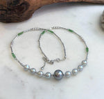 Elly’s Akoya Tahitian ocean pearls Designed Necklace: Extreme luster mirrored, S925 silver Tsavorite necklace, to 19.7”.