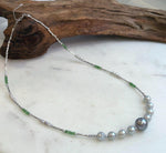 Elly’s Akoya Tahitian ocean pearls Designed Necklace: Extreme luster mirrored, S925 silver Tsavorite necklace, to 19.7”.