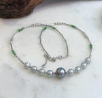 Elly’s Akoya Tahitian ocean pearls Designed Necklace: Extreme luster mirrored, S925 silver Tsavorite necklace, to 19.7”.