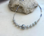 Elly’s Akoya Tahitian ocean pearls Designed Necklace: Extreme luster mirrored, S925 silver Tanzanite Designed necklace, to 18.5”.