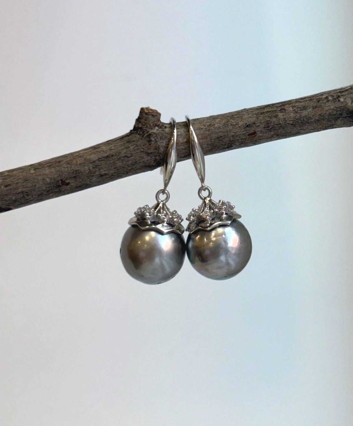Elly’s 11.1mm Tahitian Platinum ocean Pearls Earrings hooks: Extreme luster Mirrored, 2.7cm high, S925 silver cool fancy earrings.