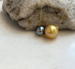 Elly’s Double Au750 18k Gold Tahitian South sea deep gold ocean Pearls Floating pendants: Extreme luster, 9-12.5mm.