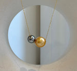Elly’s Double Au750 18k Gold Tahitian South sea deep gold ocean Pearls Floating pendants: Extreme luster, 9-12.5mm.